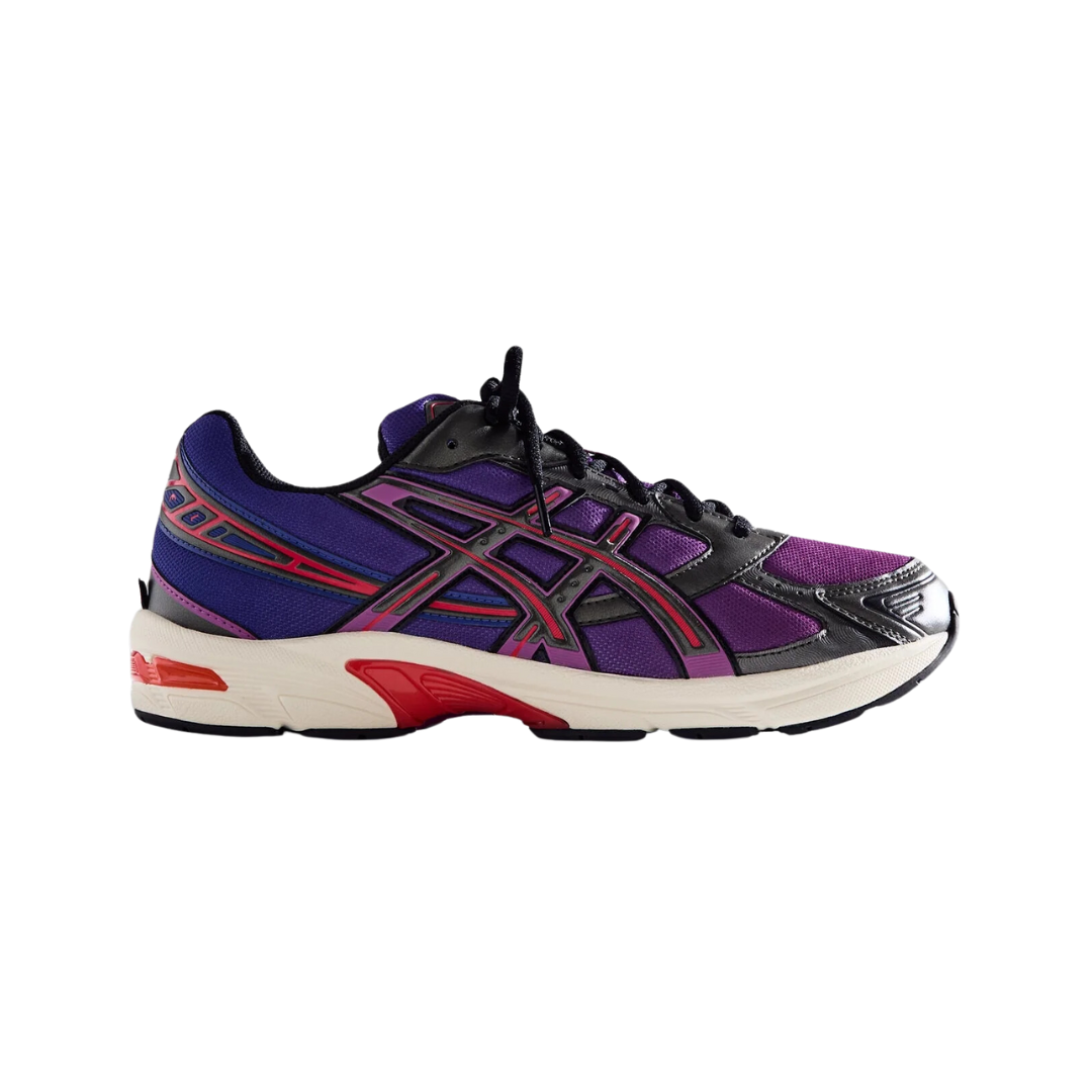Kith Marvel ASICS GEL-1130 Magneto sneaker with purple, black, red, and cream colorway.
