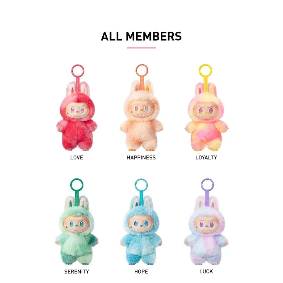 Pop Mart Labubu The Monsters Big Into Energy Series vinyl plush keychain set featuring six colorful character designs including Love, Happiness, Loyalty, Serenity, Hope, and Luck.