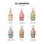 Pop Mart Labubu The Monsters keychain figures in six pastel colors including Soymilk, Lychee Berry, Green Grape, Sea Salt Coconut, Toffee, and Sesame Bean.