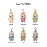 Pop Mart Labubu The Monsters keychain figures in six pastel colors including Soymilk, Lychee Berry, Green Grape, Sea Salt Coconut, Toffee, and Sesame Bean.