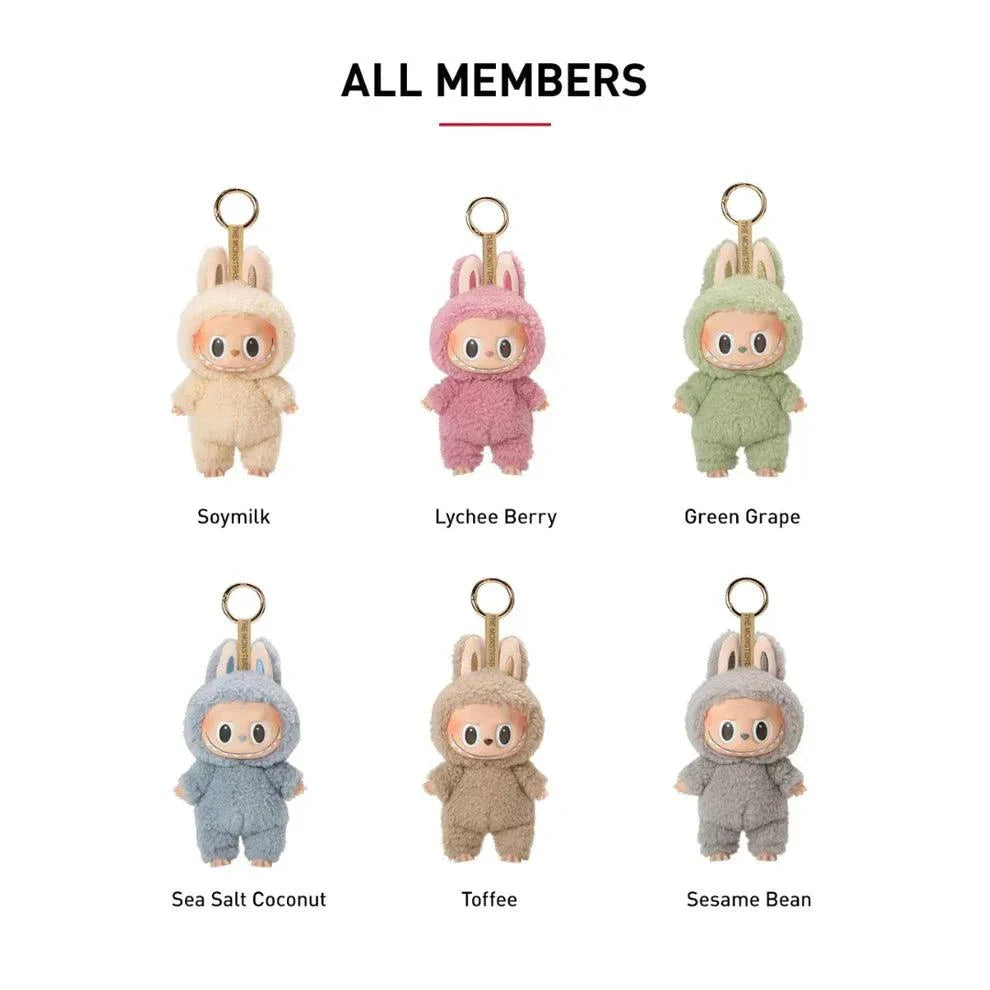 Pop Mart Labubu The Monsters keychain figures in six pastel colors including Soymilk, Lychee Berry, Green Grape, Sea Salt Coconut, Toffee, and Sesame Bean.