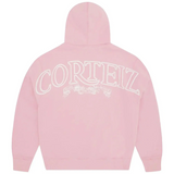 Corteiz Superior Royale Zip Hoodie in baby pink with large logo on back.