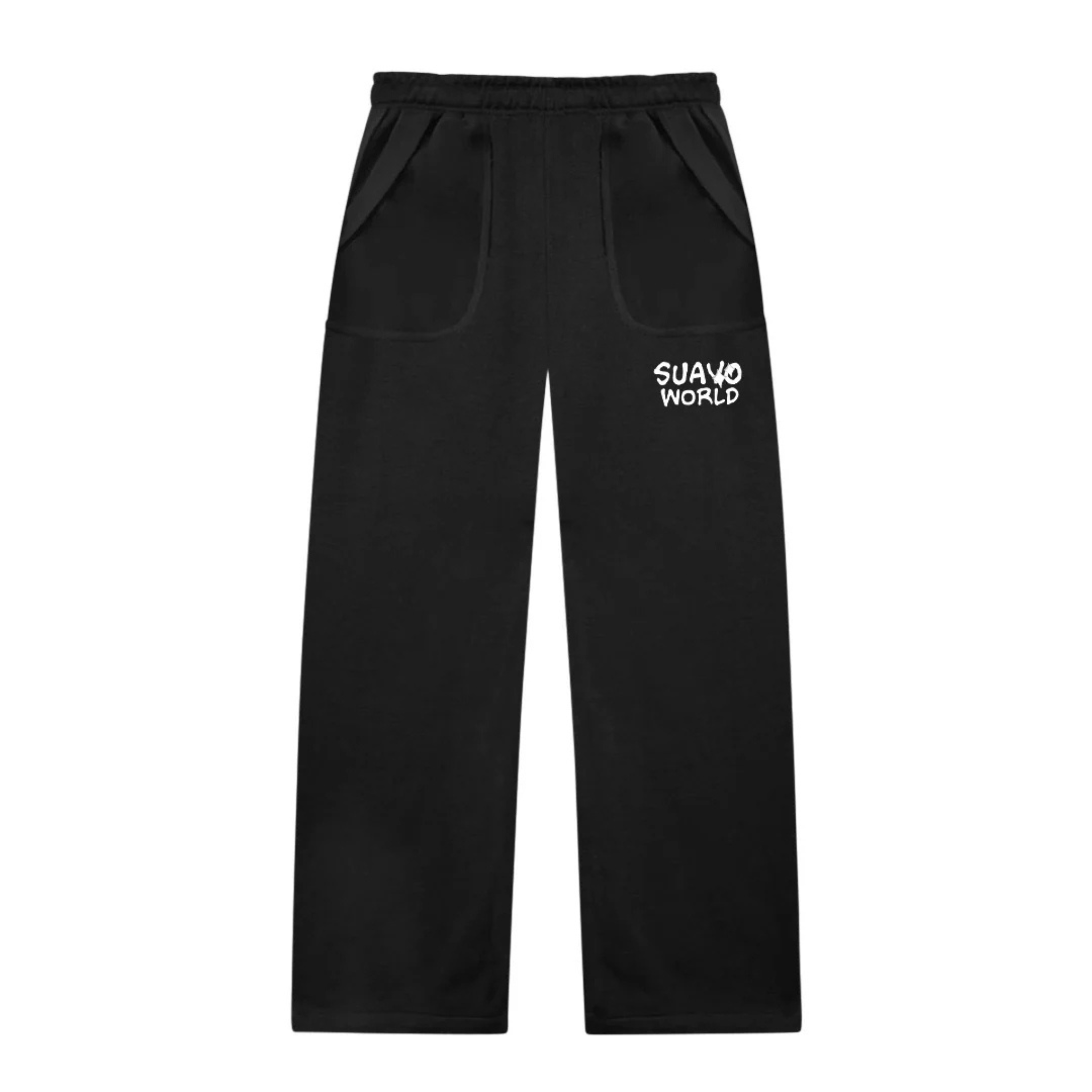 Suavo World Smiley Sweatpants in black with logo detailing on pocket.