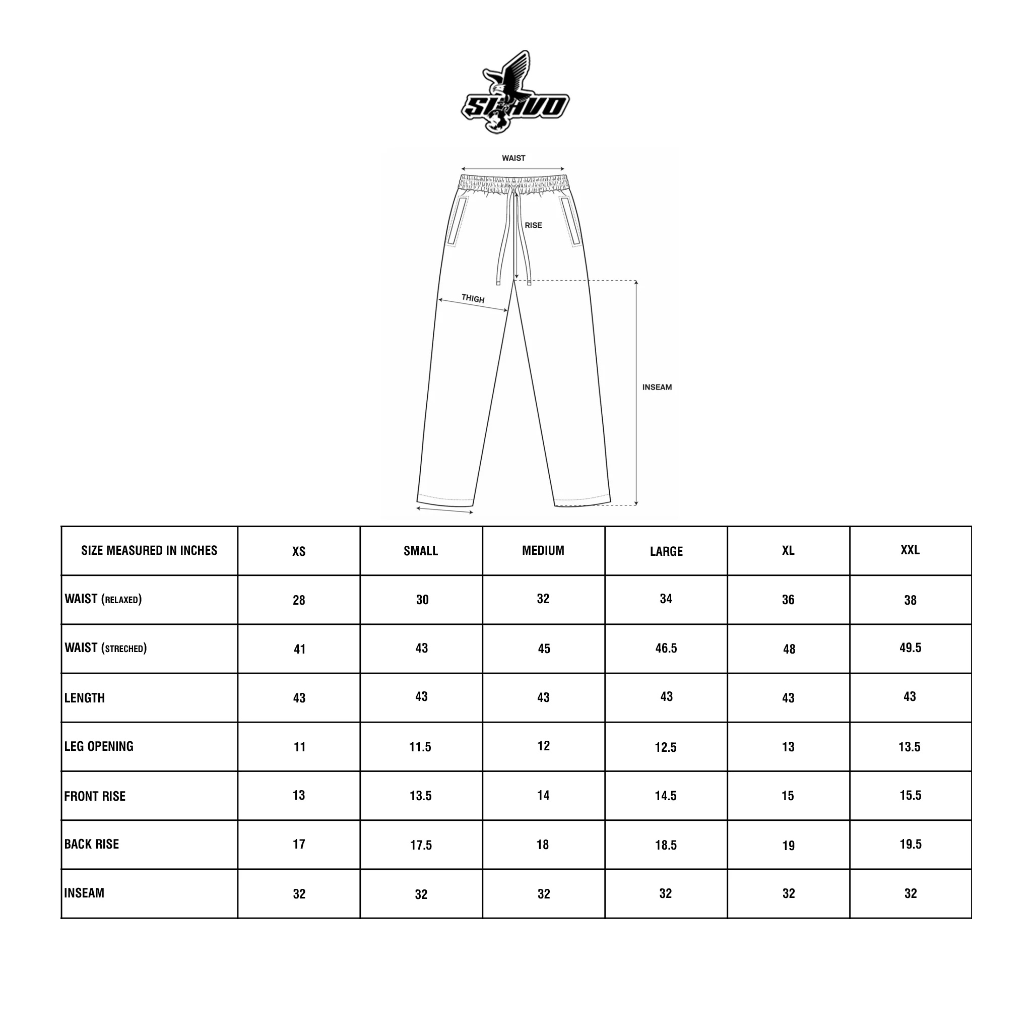 Suavo World Hidden Hills black sweatpants sizing chart.