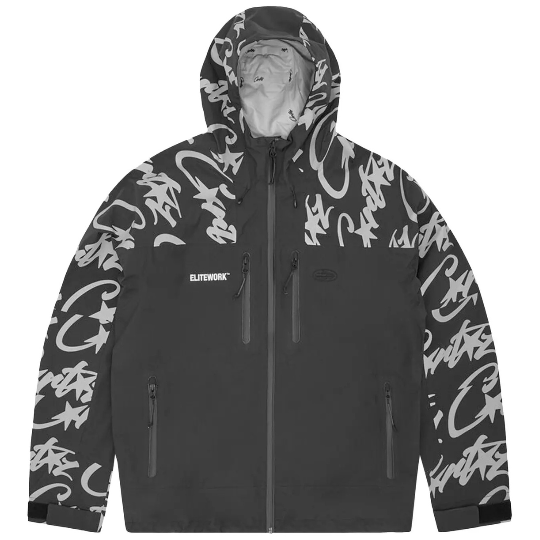 Corteiz RTW Elitework Waterproof Shell Jacket in Black with hood and graffiti-style design.