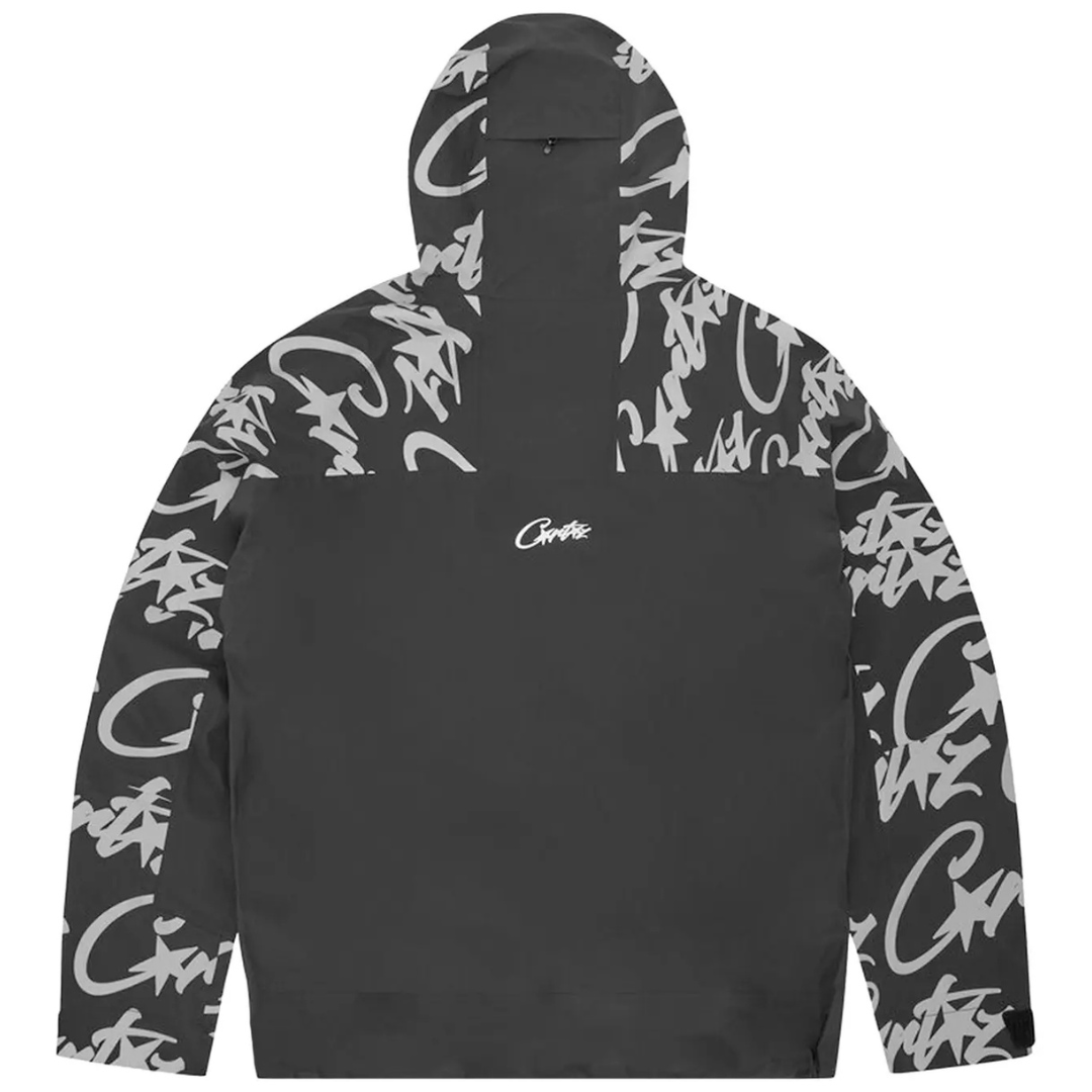 Corteiz RTW Elitework Waterproof Shell Jacket in black with graffiti pattern.