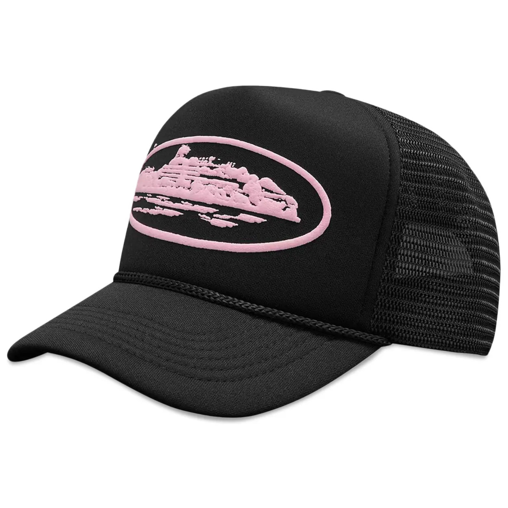 Corteiz Alcatraz Trucker Hat in Black and Pink.