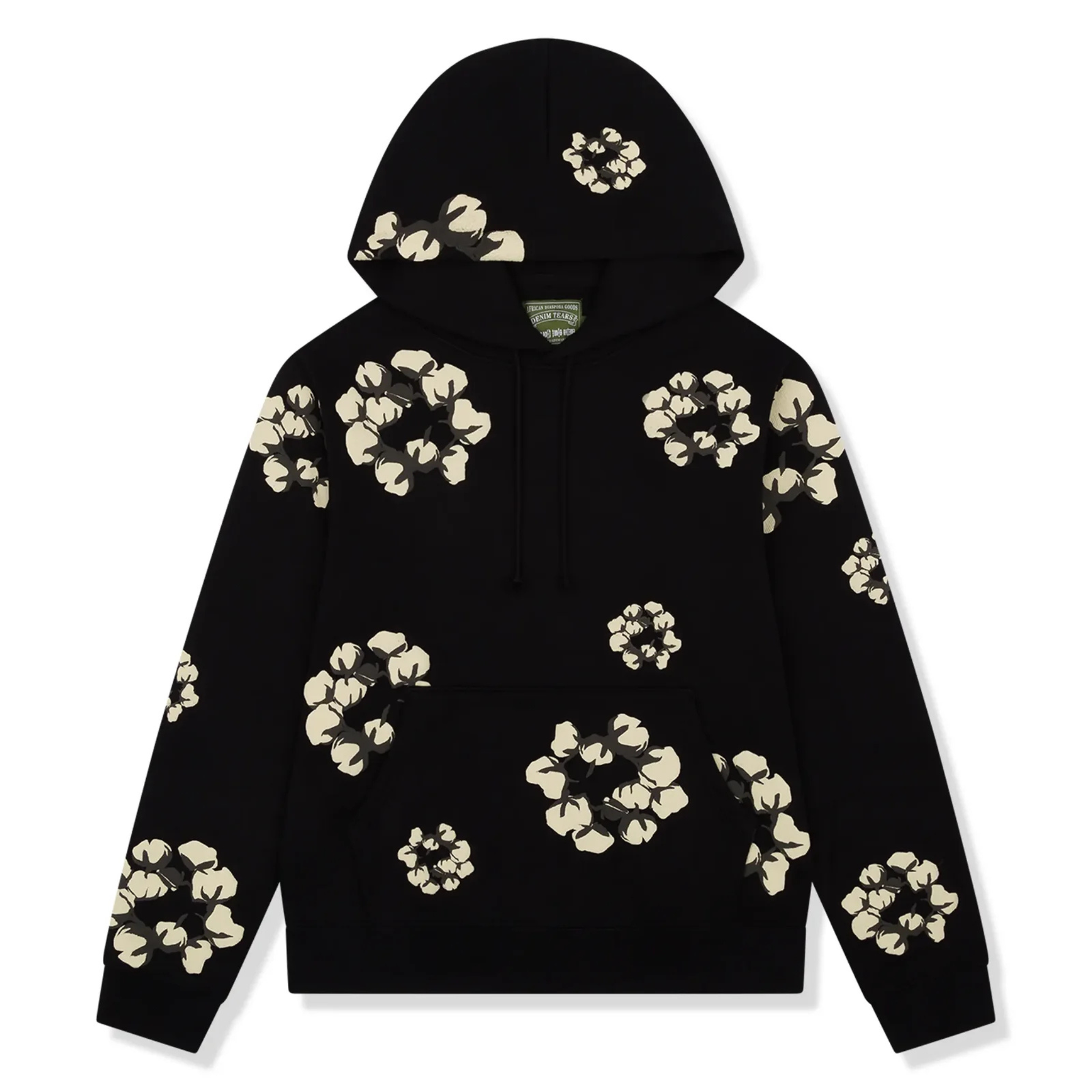 Black hoodie with white floral design, Denim Tears x CPFM collaboration.