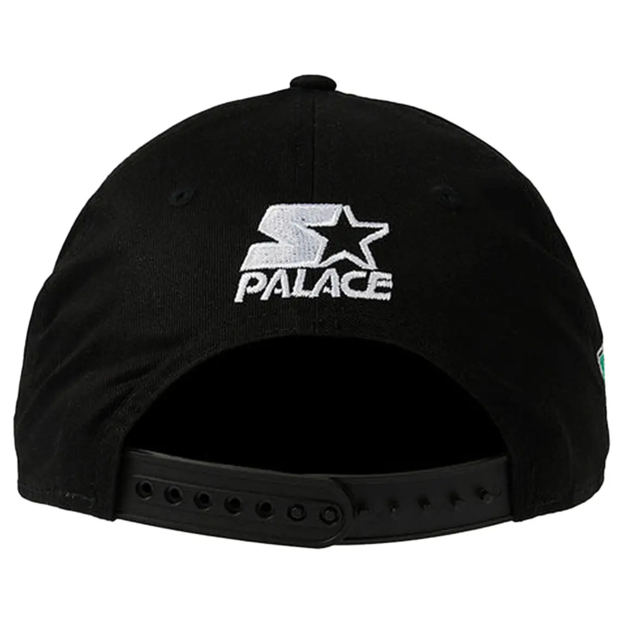 Palace x Starter Snapback Black hat showing logo embroidery on back.