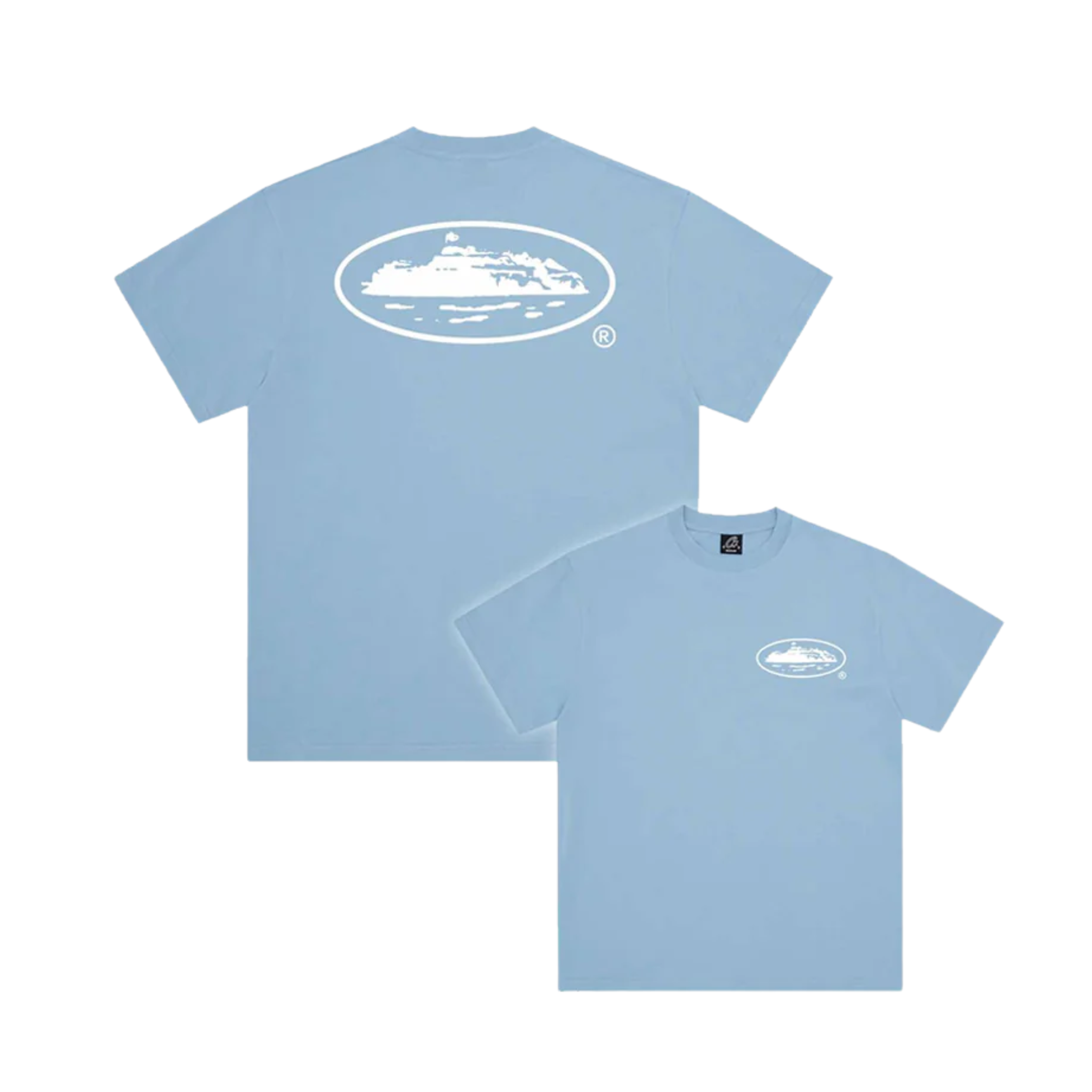 Corteiz OG Island Tee in baby blue displaying island graphic on front and back.