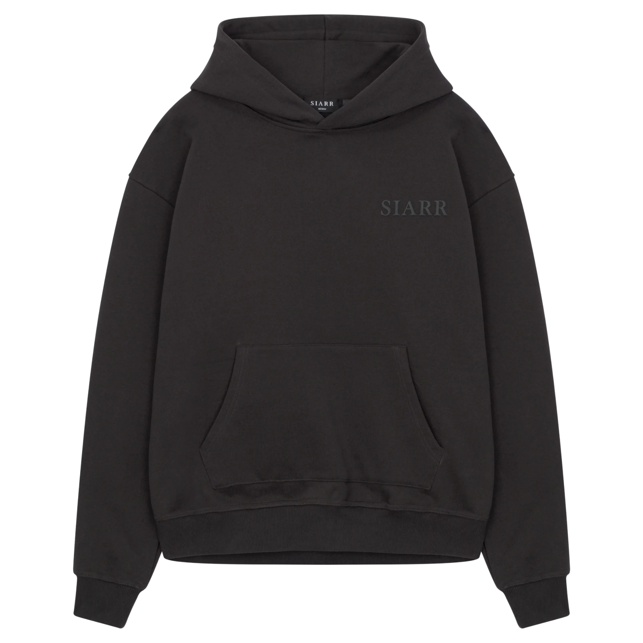 Siarr Puff Hoodie Charcoal with kangaroo pocket and elevated puff print.