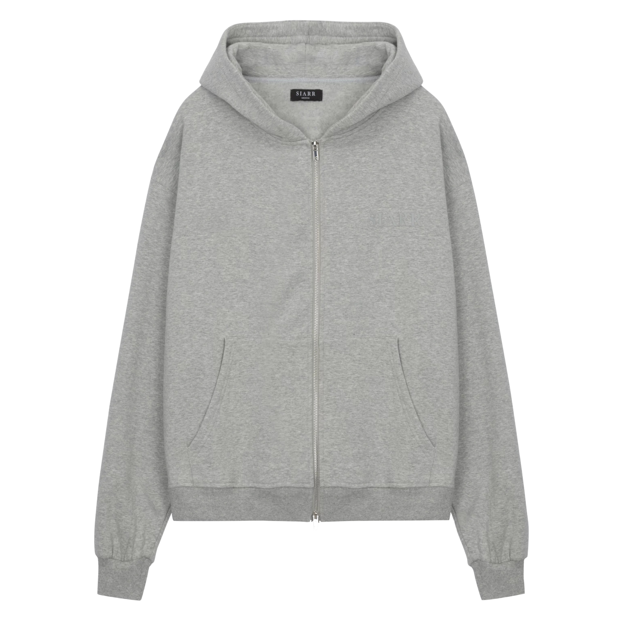 Siarr Zip Hoodie Light Grey with full zip, kangaroo pocket, 100% cotton.