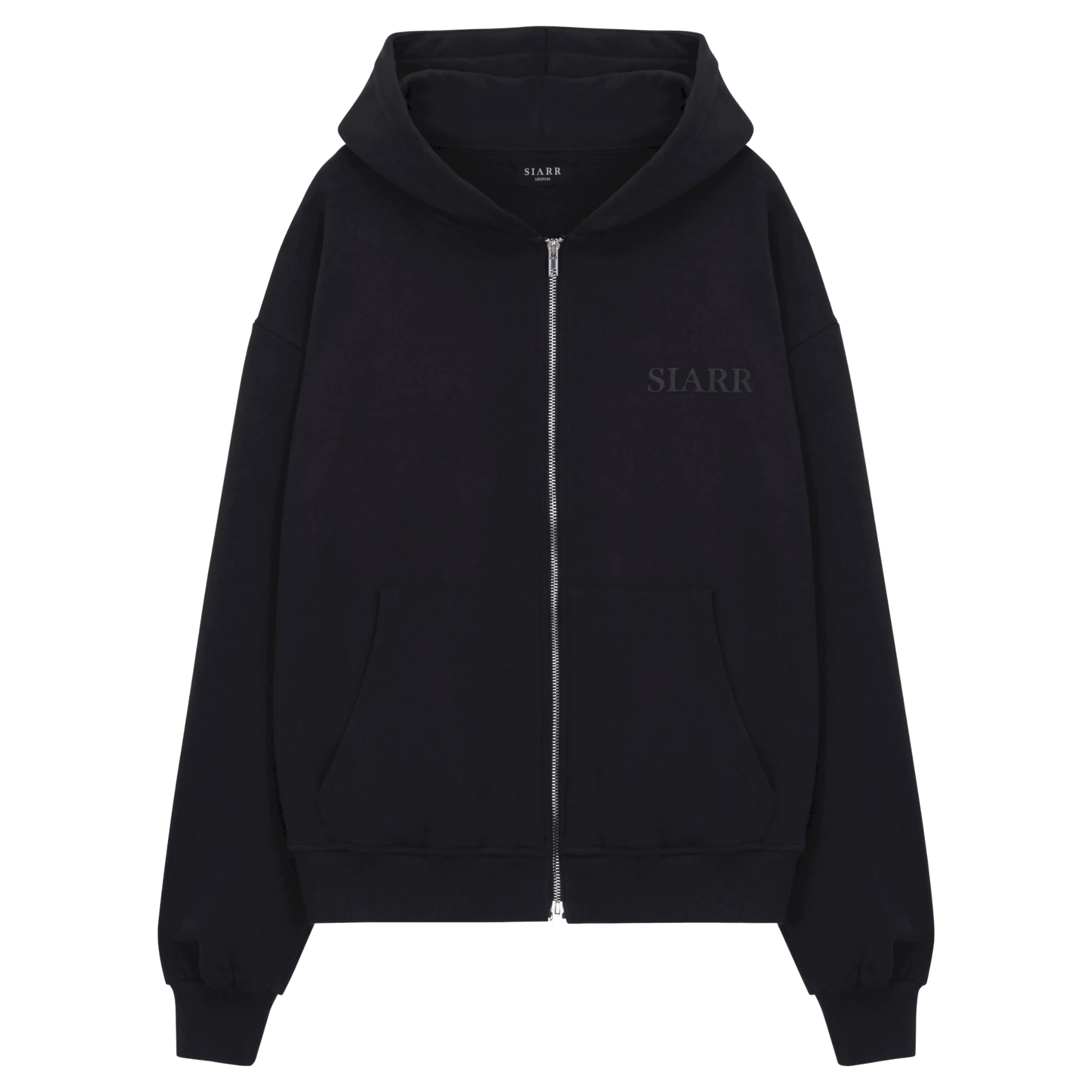 Siarr Zip Hoodie Black, regular fit, full zip, double zippers, kangaroo pocket, 100% cotton.