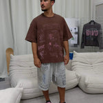 Suavo World Velvet Brown T-Shirt with heavy distressing and neon pink graphic print
