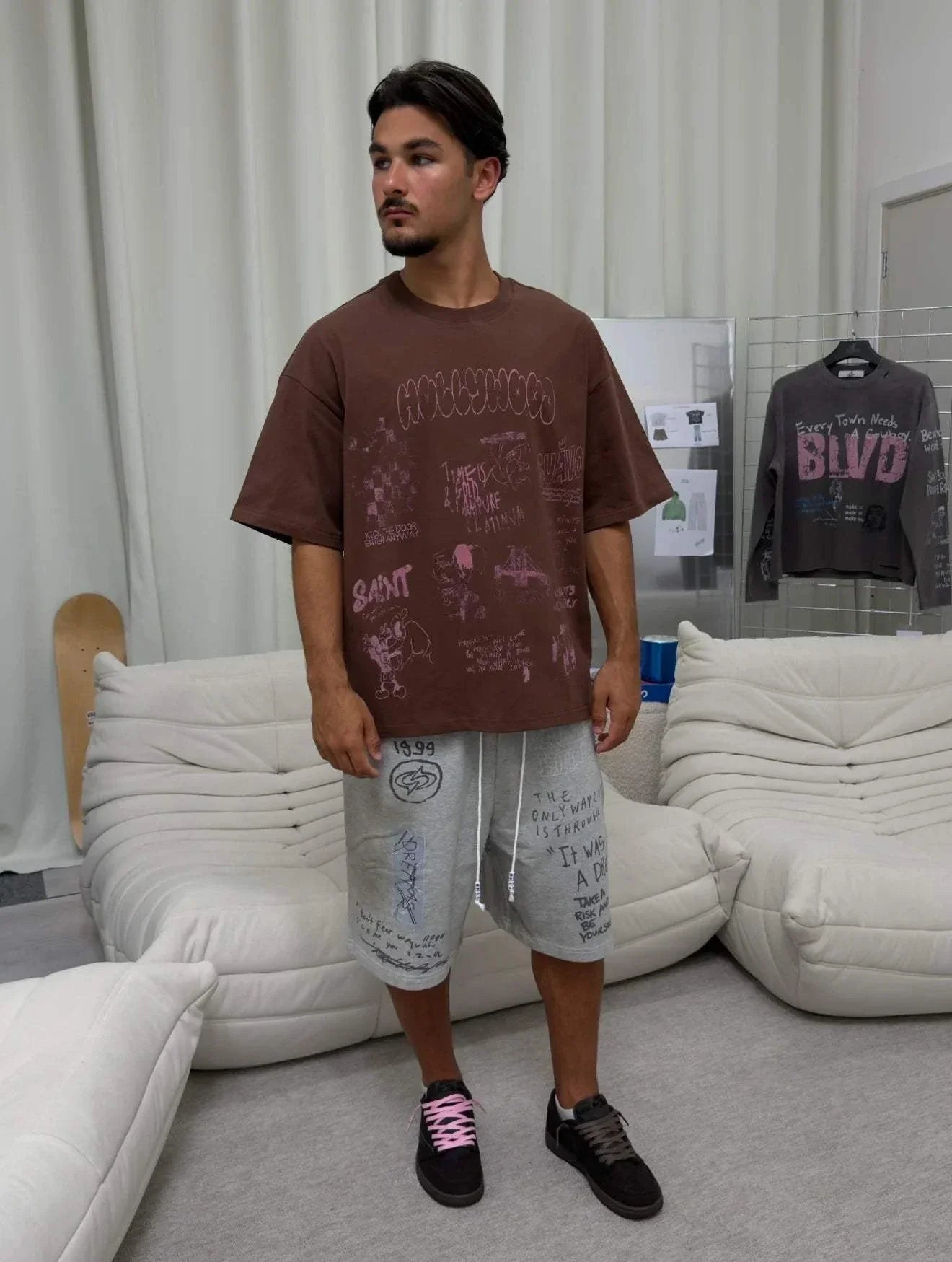 Suavo World Velvet Brown T-Shirt with heavy distressing and neon pink graphic print