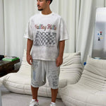 White Suavo World Valley Hills T-Shirt with distressed finish and multicolored checkerboard graphic