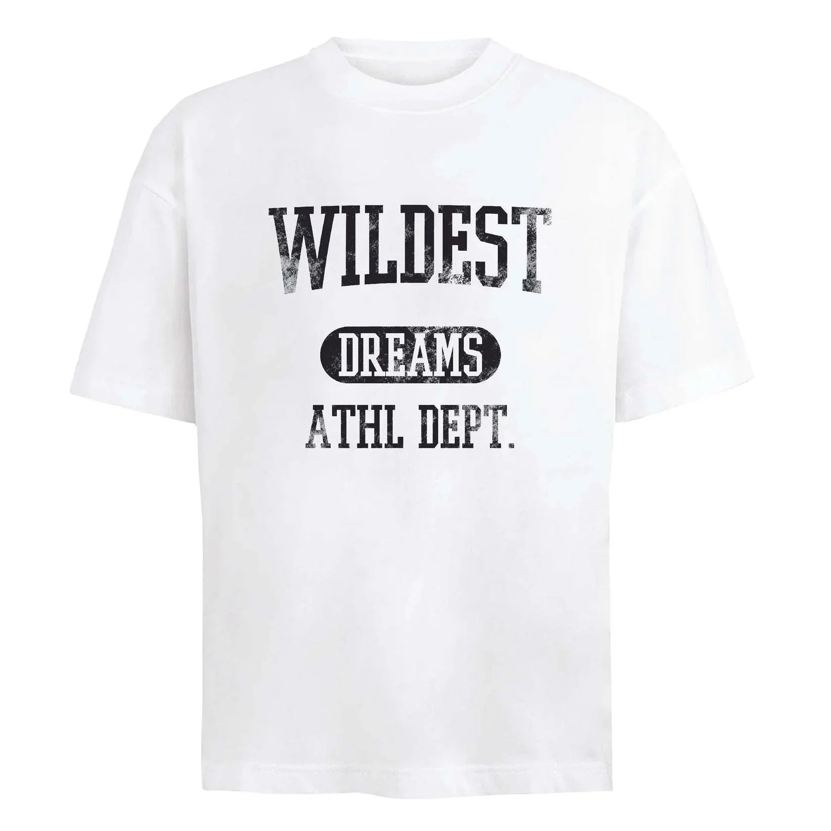 White varsity tee with wildest dreams athl dept black print design