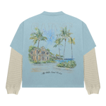 Suavo World Resort layered t-shirt with muted blue short sleeves and tropical Saint Valley graphic on back