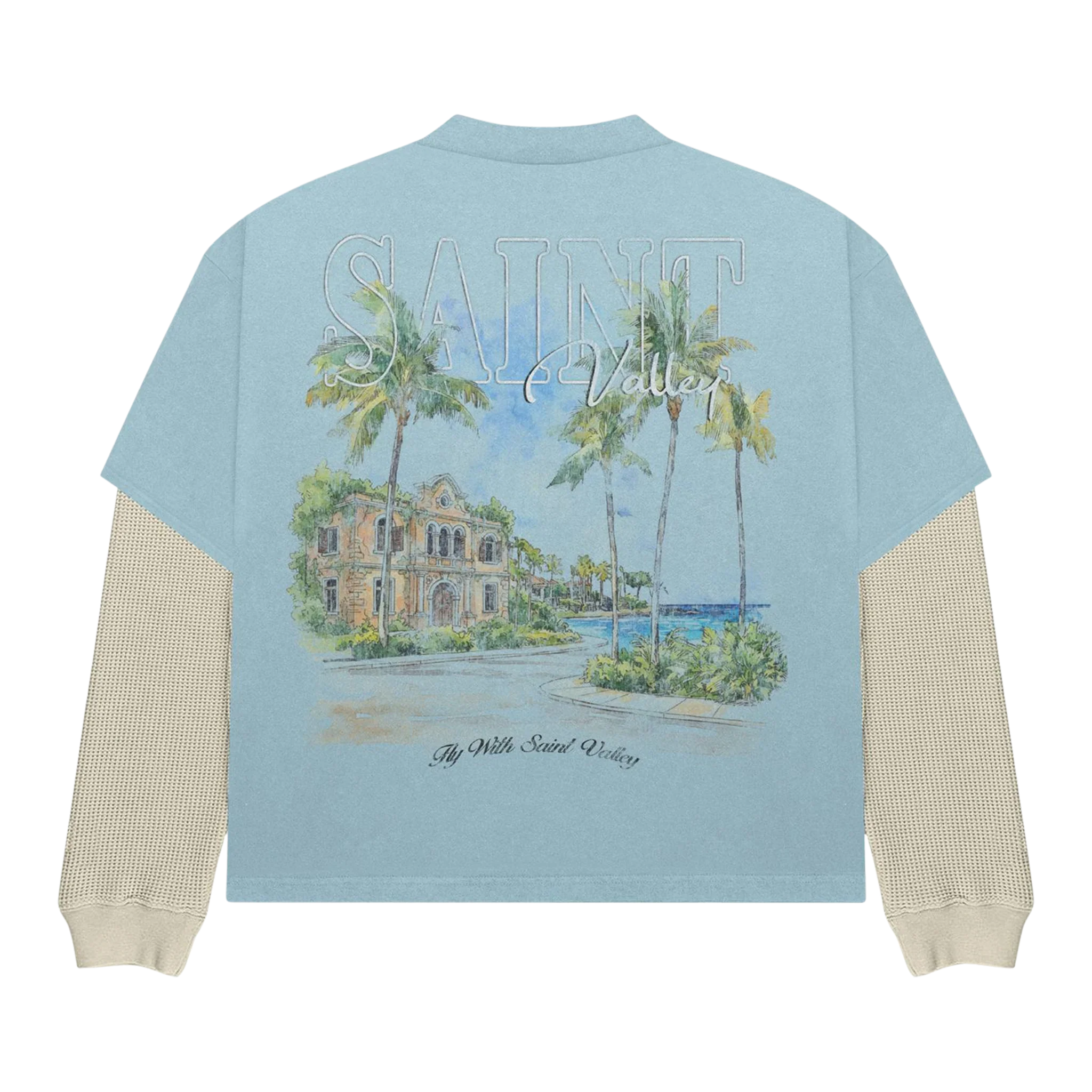 Suavo World Resort layered t-shirt with muted blue short sleeves and tropical Saint Valley graphic on back