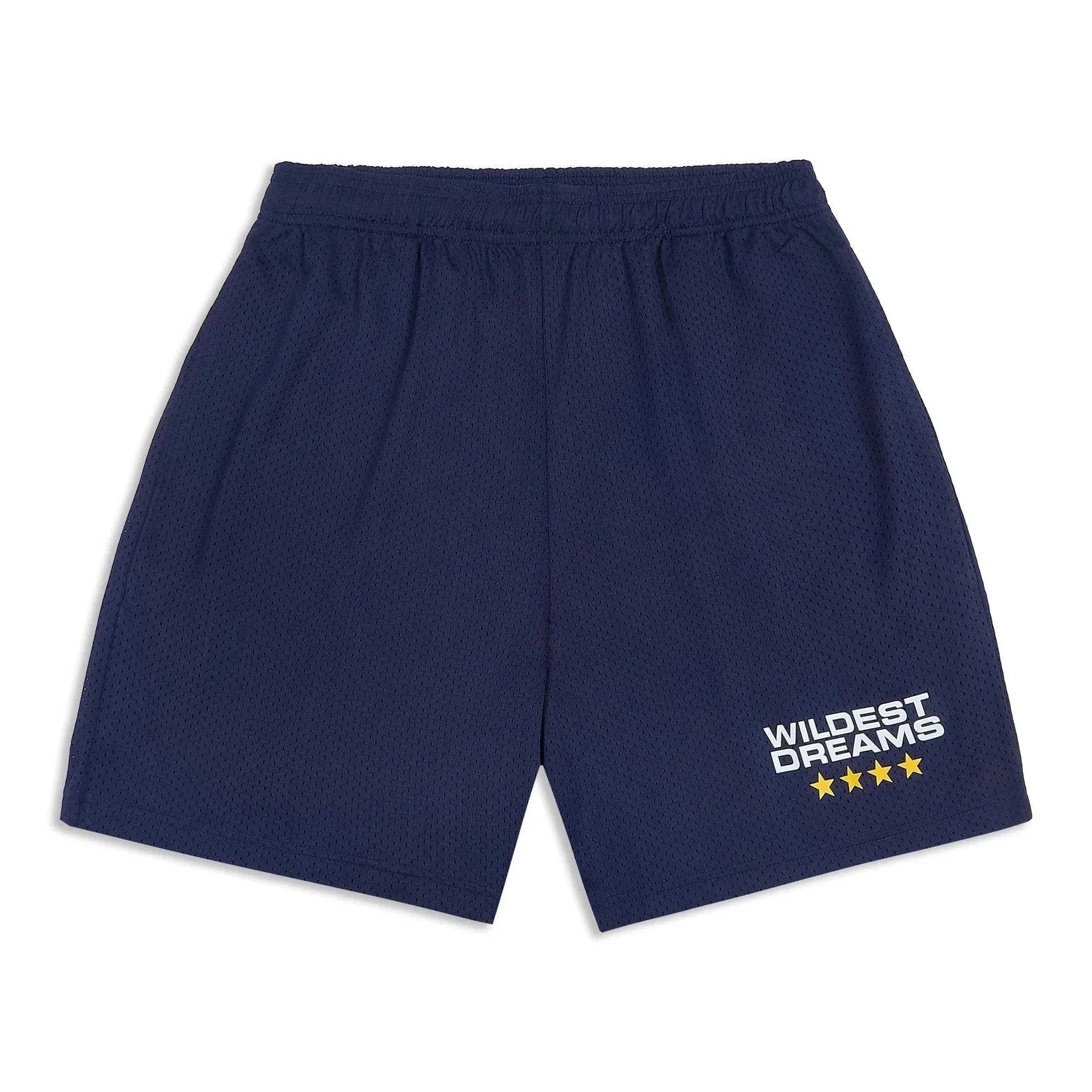 Wildest Dreams navy mesh shorts with elastic waistband and logo detail