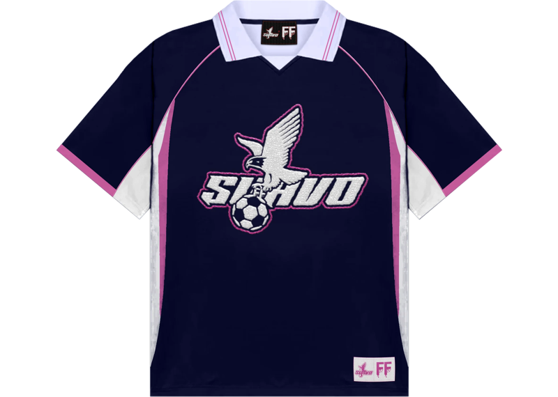 Suavo World navy pink football jersey with eagle and soccer ball logo