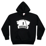 Black Drama Call Razor Hoodie with white razor blade graphic and front pocket