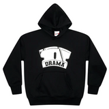 Black Drama Call Razor Hoodie with white razor blade graphic and front pocket