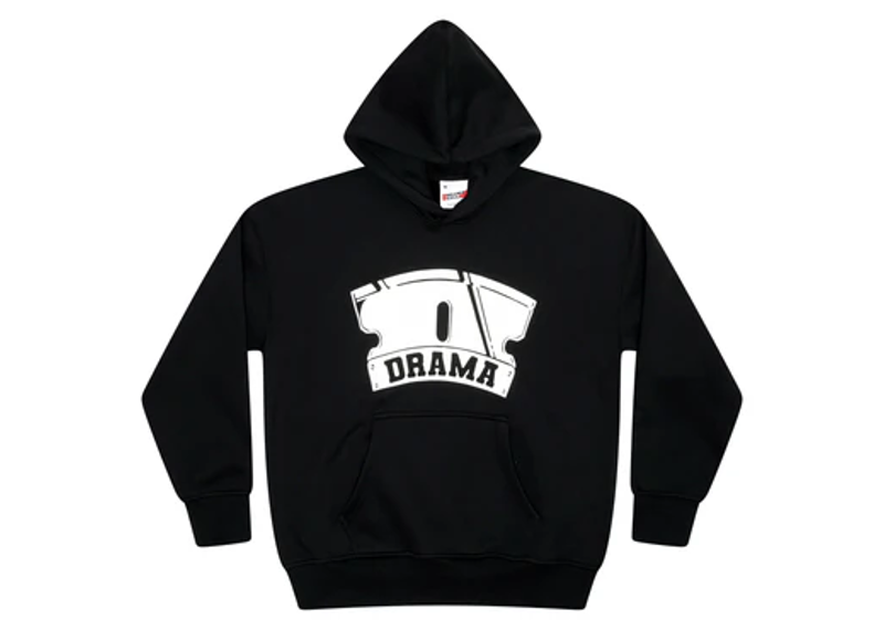 Black Drama Call Razor Hoodie with white razor blade graphic and front pocket