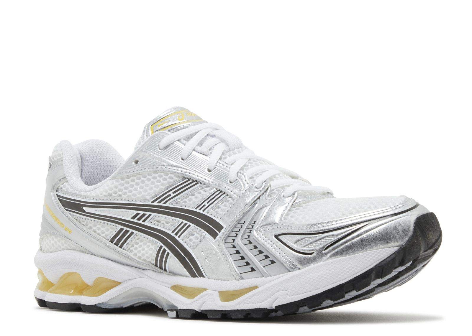 White and yellow Gel Kayano 14 running shoe side view