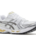 White and yellow Gel Kayano 14 running shoe side view