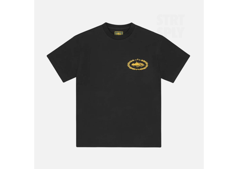 Black Corteiz Royale Heavyweight Tee with yellow design on chest.