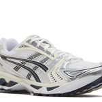 Wmns Gel Kayano 14 running shoe in white and midnight color with black detailing