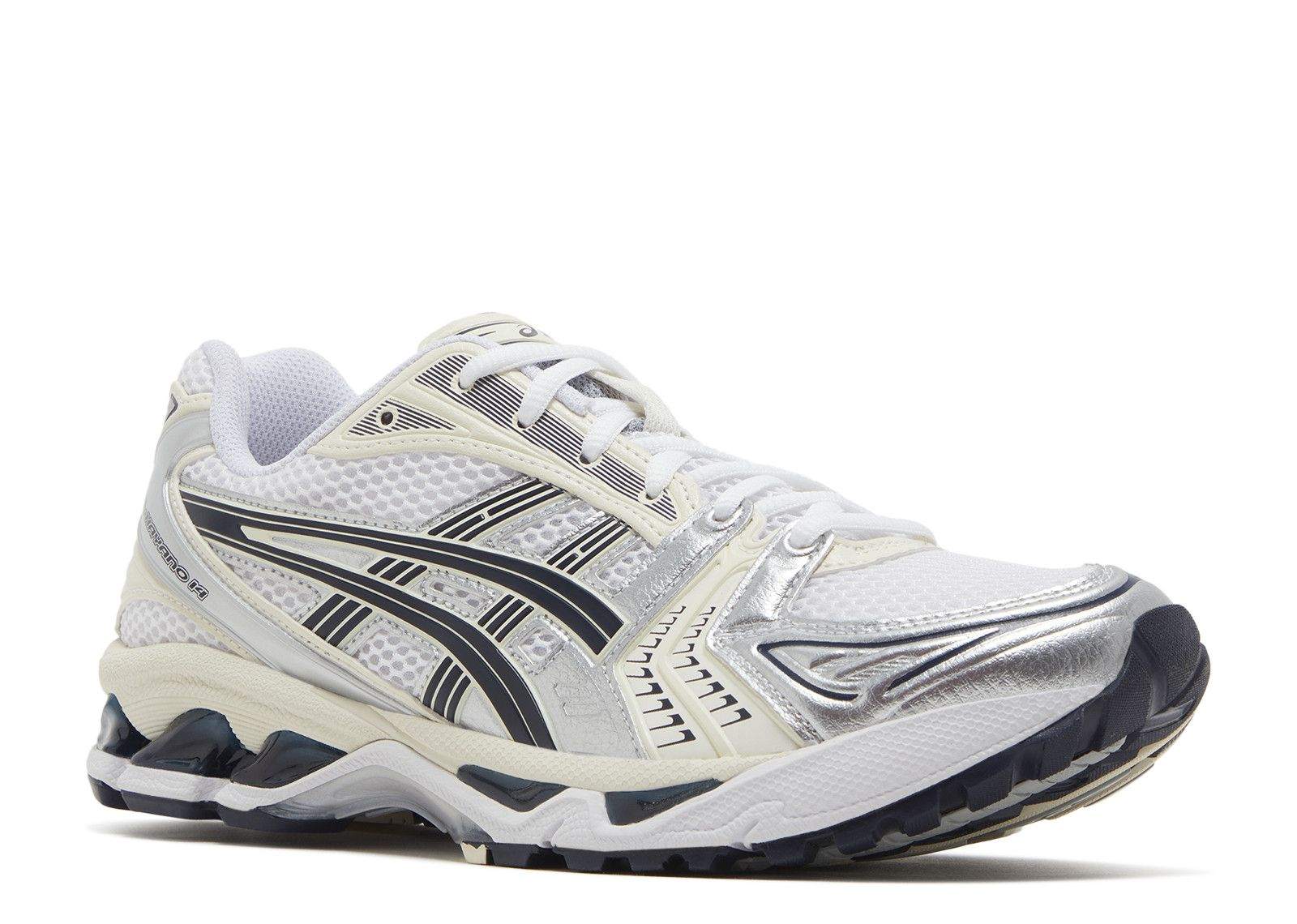 Wmns Gel Kayano 14 running shoe in white and midnight color with black detailing