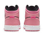 Air Jordan 1 Mid Coral Chalk GS back view featuring pink, black, and white colorway with iconic design.