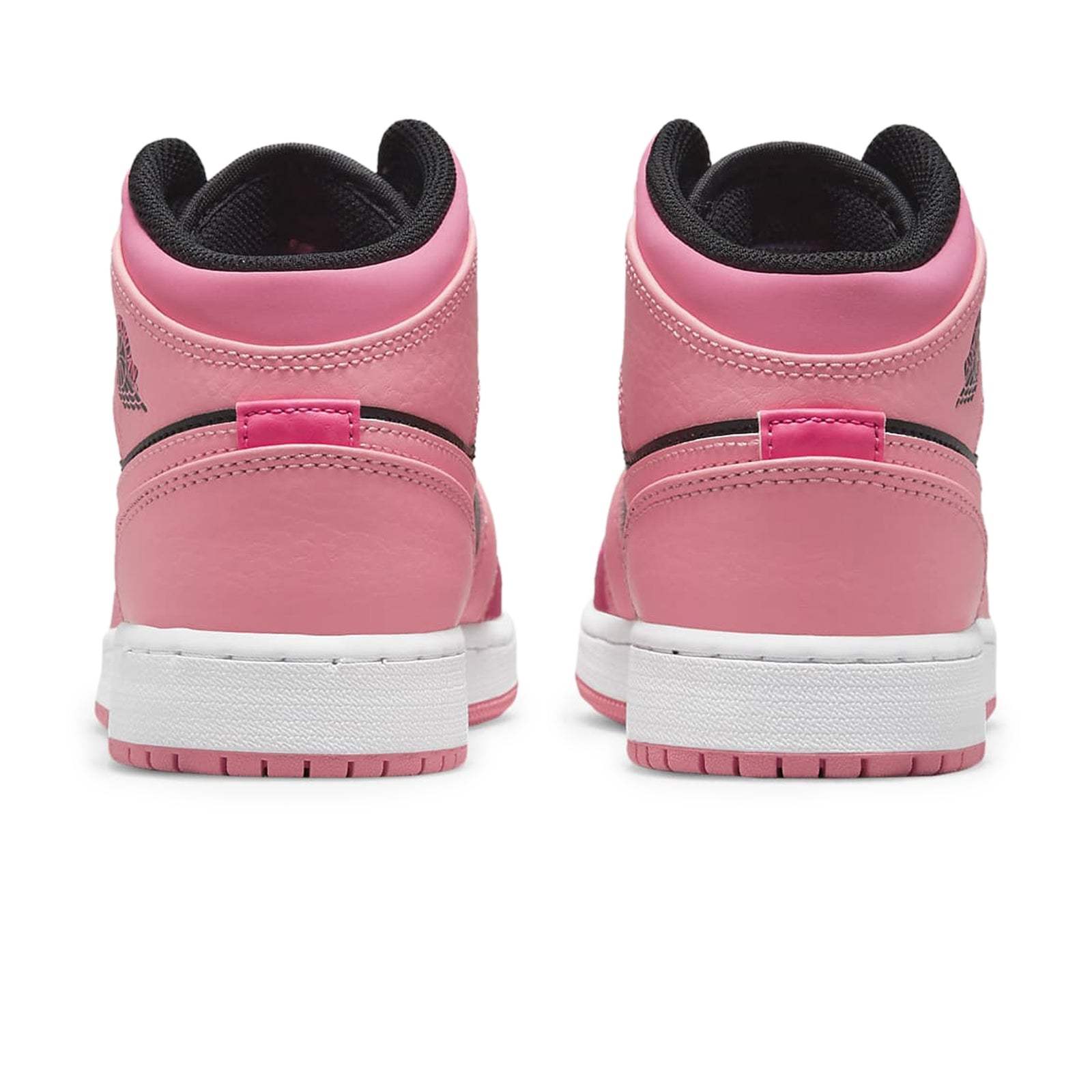 Air Jordan 1 Mid Coral Chalk GS back view featuring pink, black, and white colorway with iconic design.