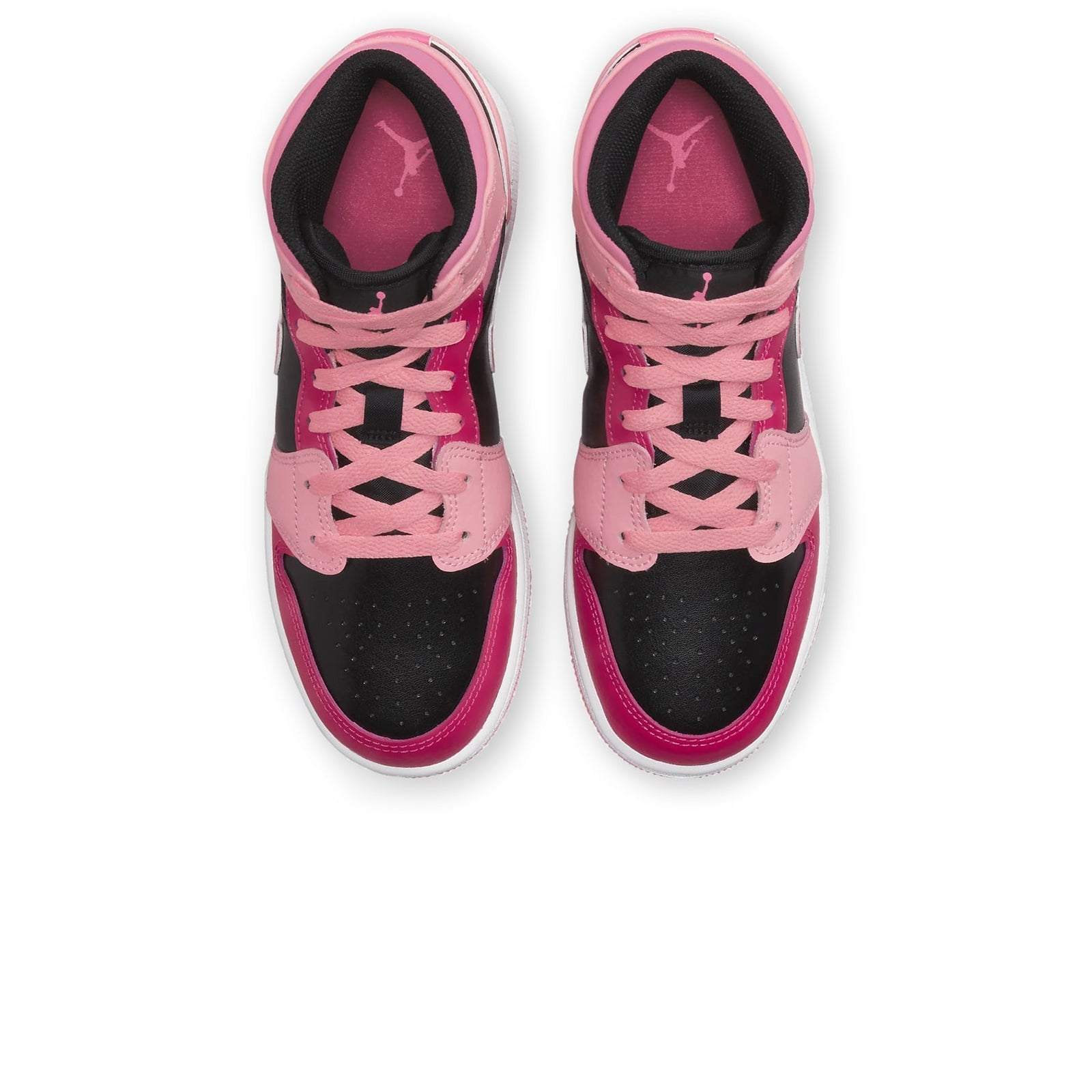Air Jordan 1 Mid Coral Chalk GS sneakers with pink, black, and white colorway.