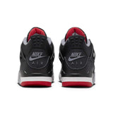 Air Jordan 4 Retro Bred Reimagined GS sneakers, rear view showing black and red colorway.