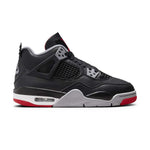 Air Jordan 4 Retro Bred Reimagined GS sneakers in black, grey, and red.