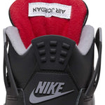 Air Jordan 4 Retro Bred Reimagined (GS) sneaker, showcasing the black and red colorway with Nike Air branding on the heel.