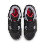 Air Jordan 4 Retro Bred Reimagined GS sneakers with black and red colorway, top view.
