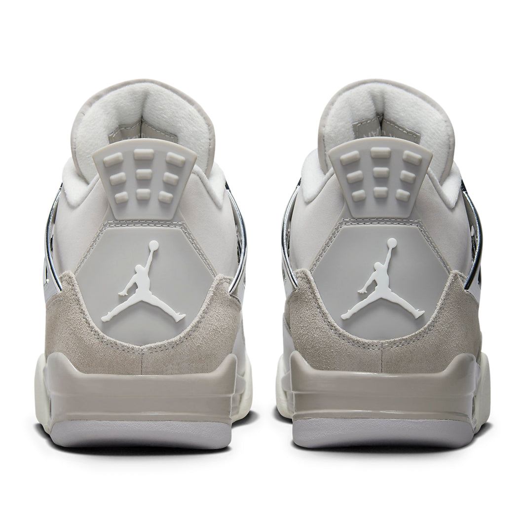 Air Jordan 4 Retro Frozen Moments (W) sneaker in icy silver and grey tones, featuring premium leather and suede materials with signature Air cushioning.