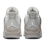 Air Jordan 4 Retro Frozen Moments (W) sneaker in icy silver and grey tones, featuring premium leather and suede materials with signature Air cushioning.