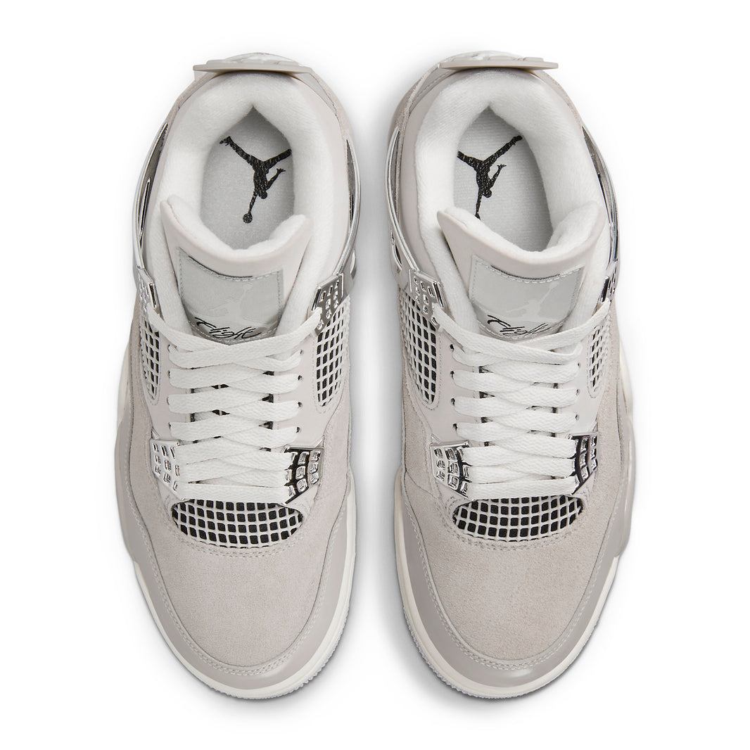 Air Jordan 4 Retro Frozen Moments (W) sneakers in icy silver and muted grey, featuring premium leather and suede.