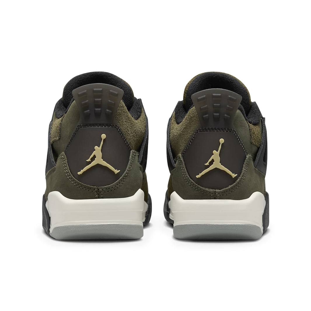 Air Jordan 4 Retro SE Craft Olive GS sneakers with olive, grey, and white accents, showcasing heel design and Jumpman logo.