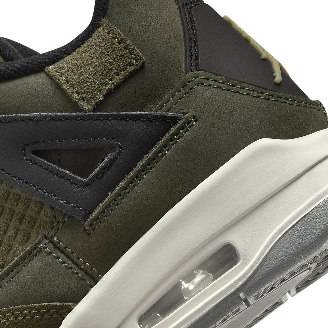 Air Jordan 4 Retro SE Craft Olive (GS) sneaker in leather and suede with olive, grey, and white accents.