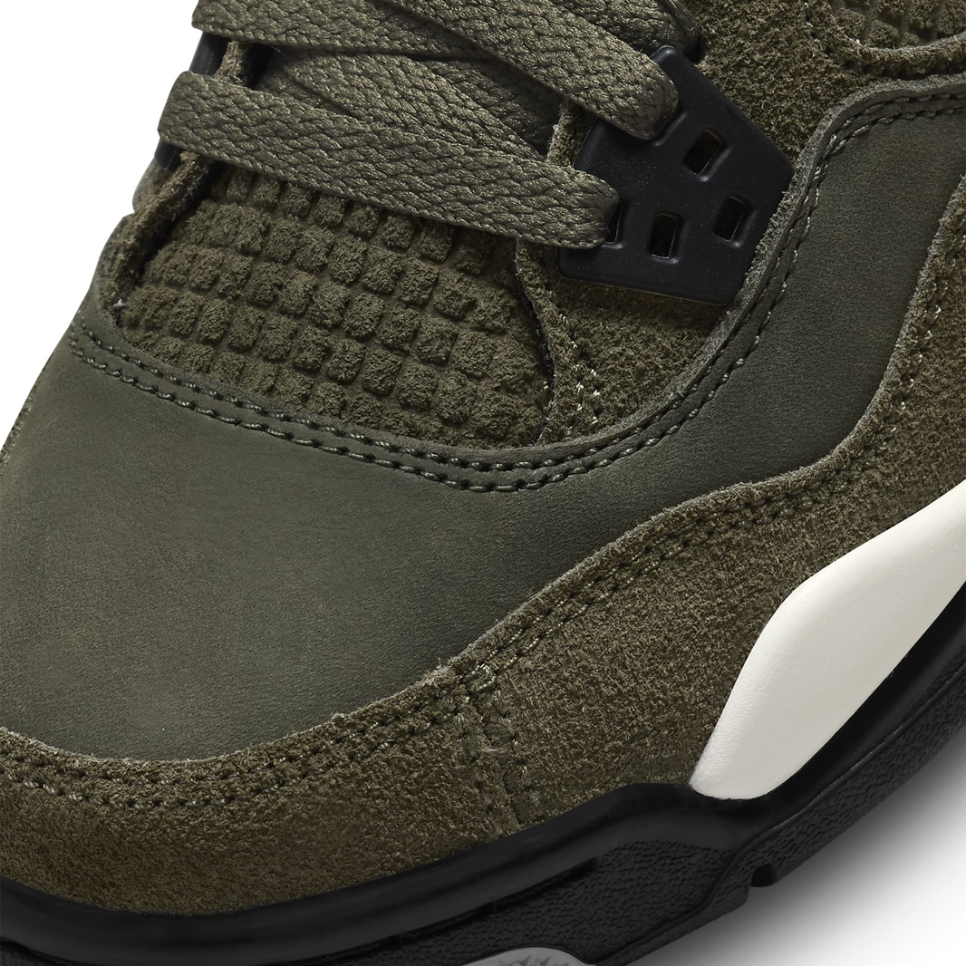 Air Jordan 4 Retro SE Craft Olive (GS) sneaker in premium leather and suede, featuring a versatile olive colorway with grey and white accents.