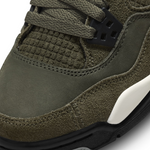 Air Jordan 4 Retro SE Craft Olive (GS) sneaker in premium leather and suede, featuring a versatile olive colorway with grey and white accents.