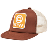 Corteiz Box Trucker Hat in brown with logo design.