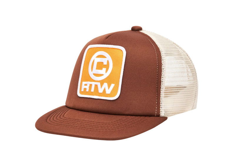 Corteiz Box Trucker Hat in brown with logo design.
