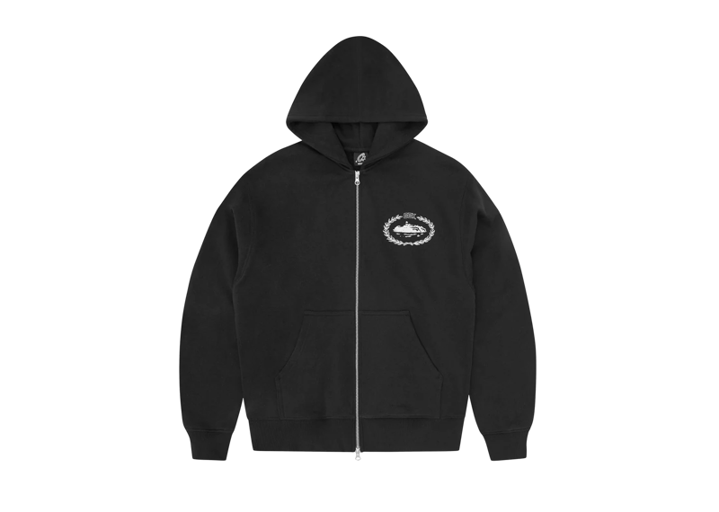 Corteiz BBK Royale black zip-up hoodie with front logo and kangaroo pockets